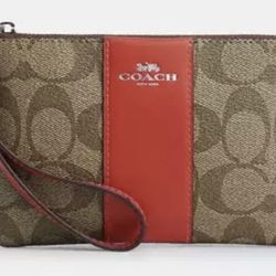 COACH Corner Zip Wristlet Signature Canvas W/ Red Stripe - NEW W/ TAGS MSRP: $88