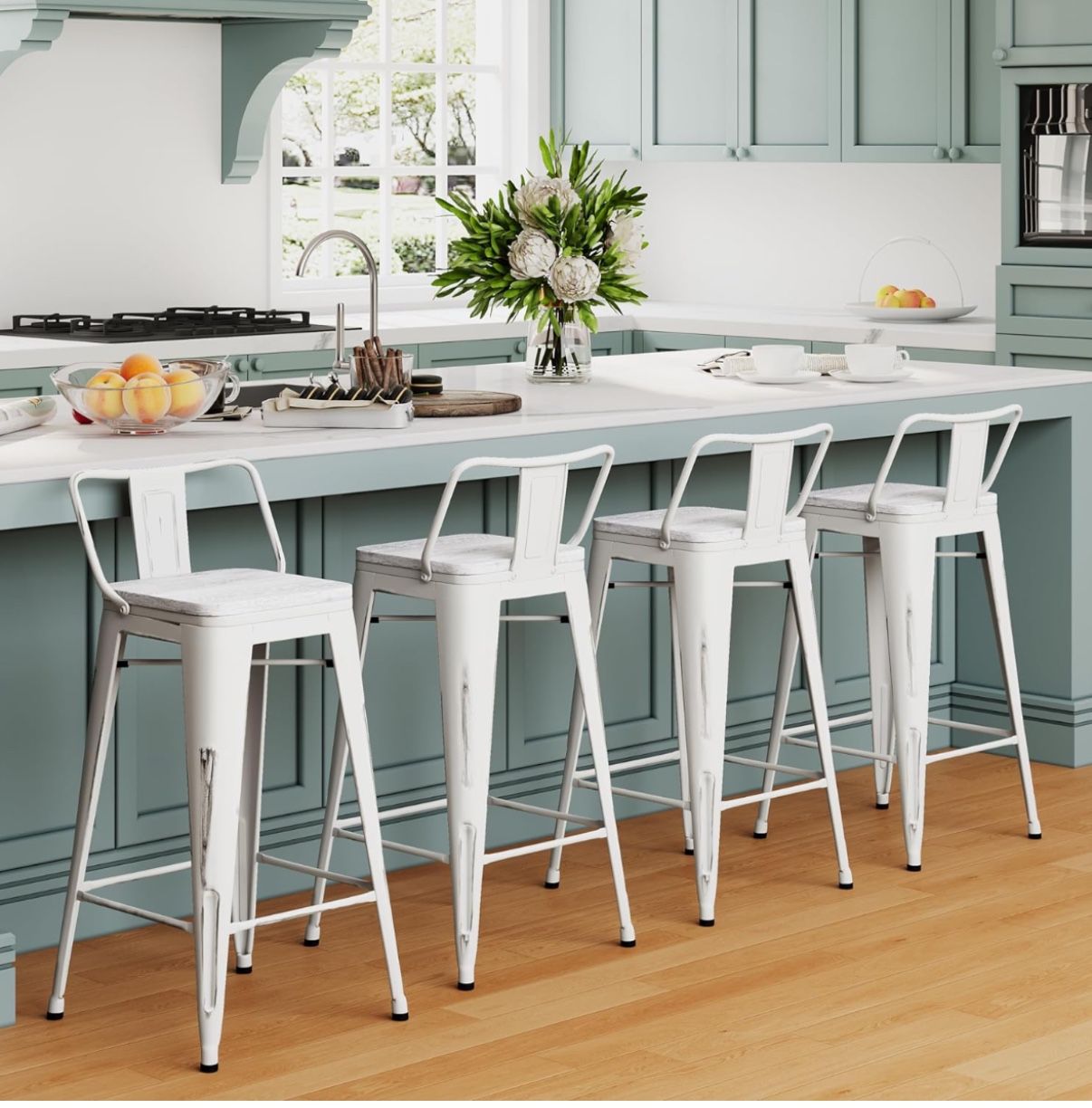 Home 30" Industrial Metal Barstools Low Back Distressed White Bar Stools with Wooden Seat Counter Height Stools Dinning Chair [Set of 4]