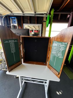 Wooden Dartboard Cabinet with Chalkboard Scoreboard