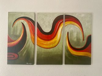 Three Panel Abstract Painting by Rae Olson - Modern Red, Orange & Yellow Flow Design