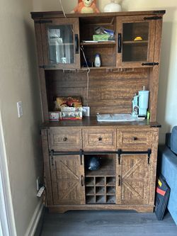 Rustic Farmhouse Buffet Cabinet w/ Hutch, Wine Rack & Sliding Barn Doors