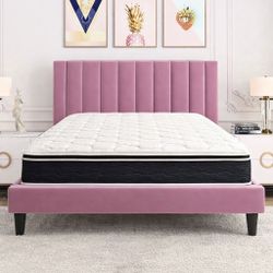 Full Bed Frame & 10 Inch Hybrid Mattress Set – Pink Upholstered Style