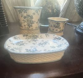 🌸 Blue & White Floral Ceramic Vanity Set | Cottage / French Country Style