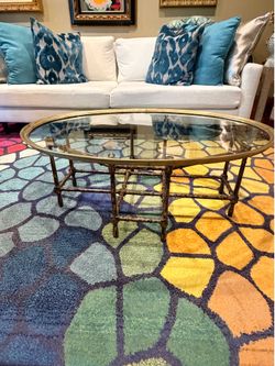 Baker Furniture Hollywood Regency Chinoiserie Faux Bamboo, Brass, and Glass Cocktail Table
