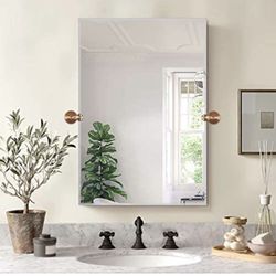 Wall Mirror 36" x 24" Wall-Mounted Mirror, Round Gold Pivot Rectangle Mirror for Bathroom,Adjustable Tilting& Moving Beveled Wall Mirror  UNIQUE DESIG