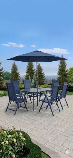 8-Piece Outdoor Patio Dining Set with Tilting Umbrella, Glass Table, & Folding Chairs