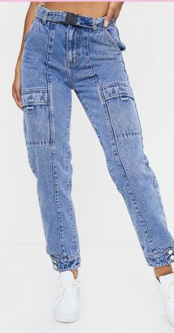 Pretty Little Thing Size 6 Mid Wash Belt Mom Jeans 