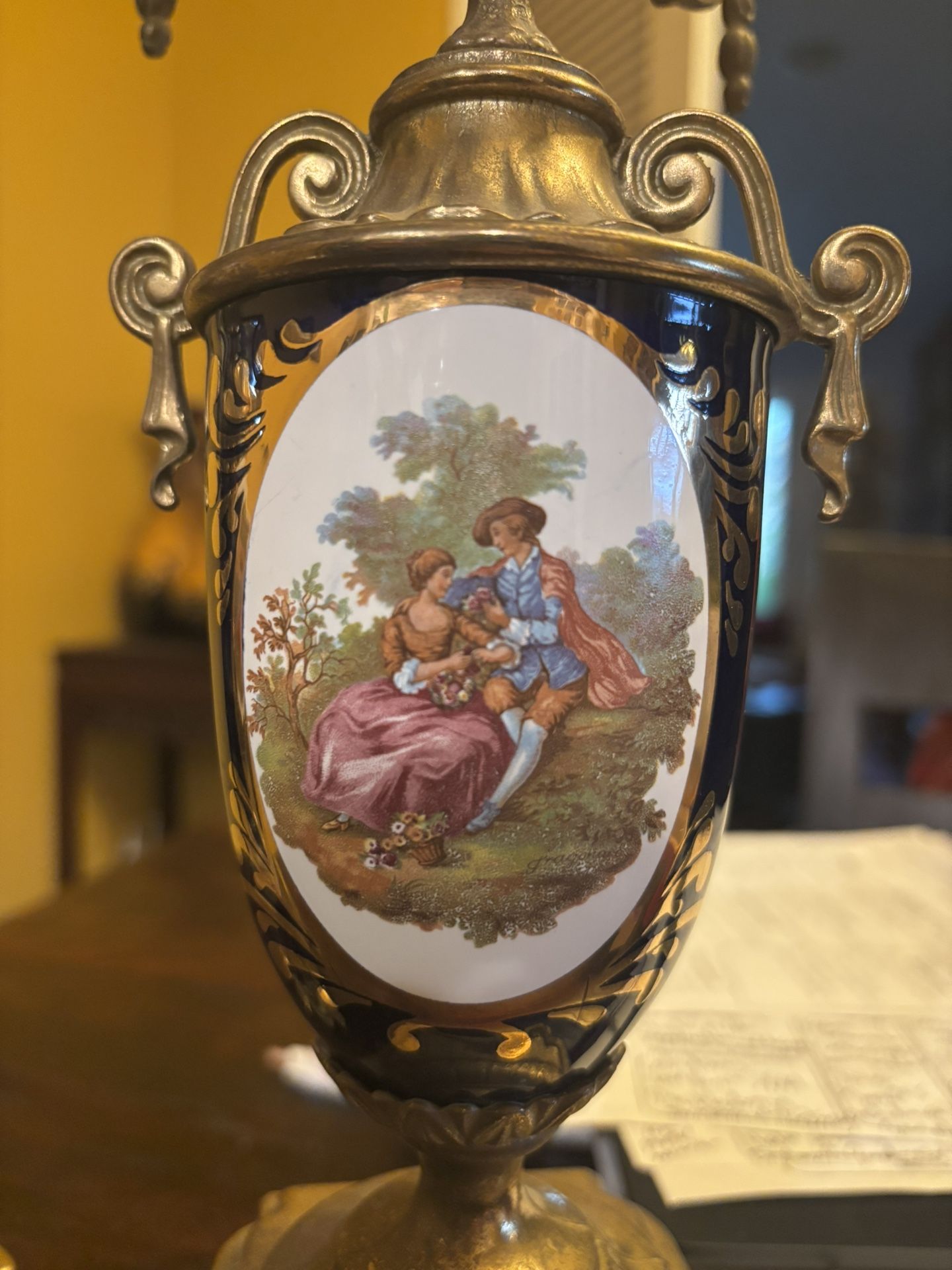 Brass Blue Sevres Porcelain Candle Holder