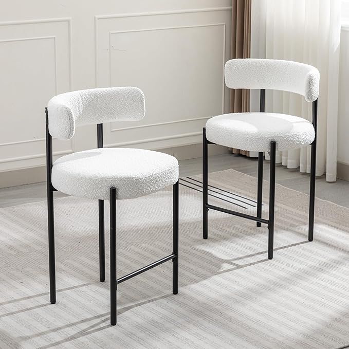 Counter Height Bar Stools, 24'' White Bar Stools Set of 2, Boucle Barstools with Back, Mid-Century 