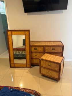 Vintage Rattan/Bamboo Dresser, Nightstand & Mirror Set