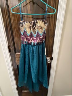 Teal High-Low Party Dress with Sequin Bodice
