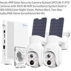 Movols 4MP Solar Security Camera System 2PCS Wi-Fi PTZ Cameras with 10CH 4K NVR Surveillance System Built in HDD 500G,Color Night Vision, Motion Alert