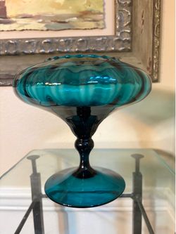 Empoli- Mid-Century Modern Italian Peacock Blue Optic Stemmed Bowl Compote Vase 8”x7”