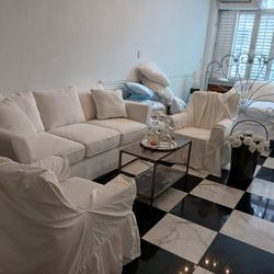Gorgeous Joss &Main Pure White Cotton Sofa, 2 Match Chairs & Vintage Bed