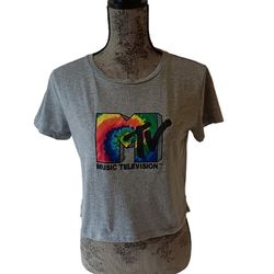 MTV women's gray short-sleeve cropped Rainbow tie dye t-shirt size M
