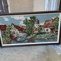 Vintage Framed Needlepoint Canal Village Scene 