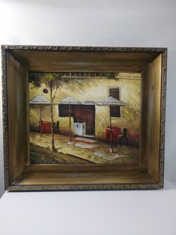 Oil Painting On Canvas Of Outdoor Cafe Signed