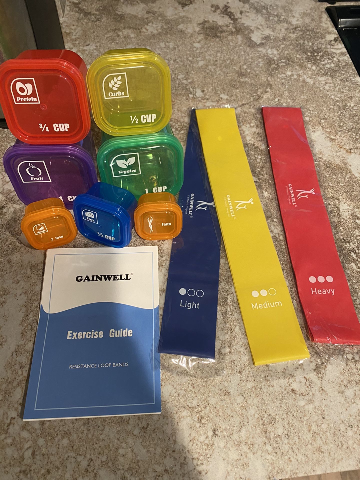 Portion control containers with bonus exercise bands