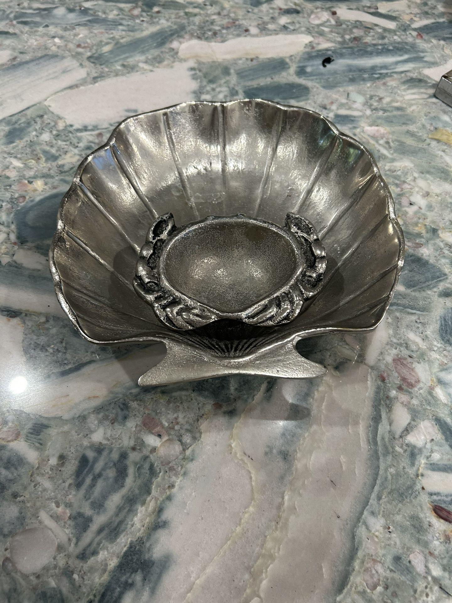 Pewter Shrimp Serving Dish. Holds Cocktail Sauce. 11 X 11. Very Elegant