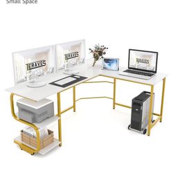 Spacious L Desk White And Gold 