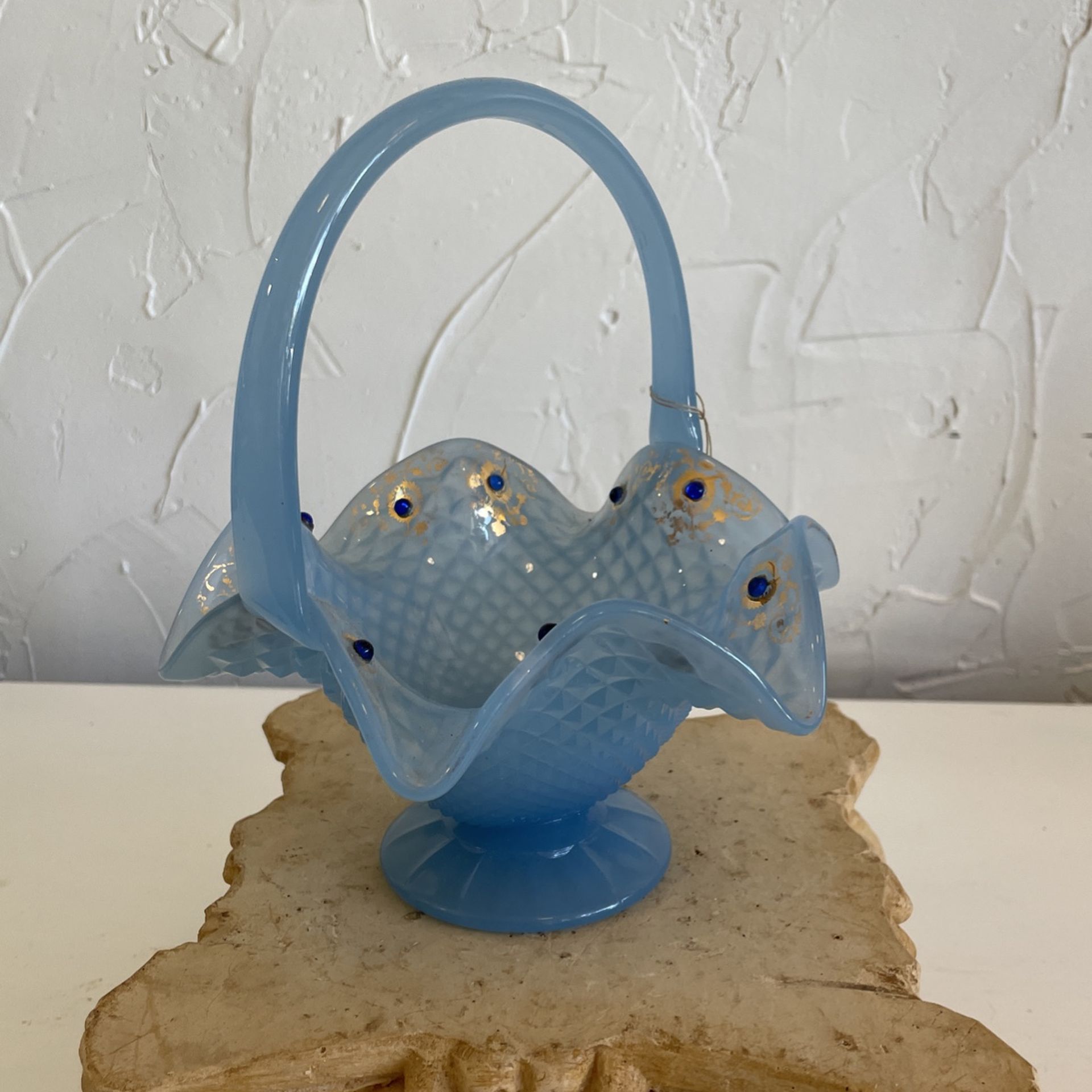 Blue Vintage Glass Basket With Scalloped Edge