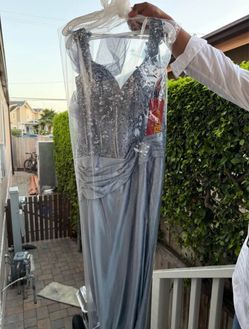 Silver Beaded Lace Formal Gown