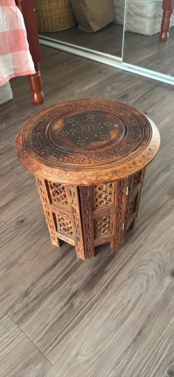 Hand-Carved Wooden Octagonal Side Table with Brass Inlay