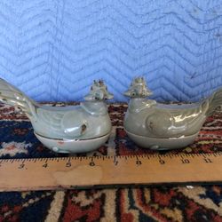 Pair Of Vintage Celedon Bird Form Jars