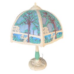 Antique Arts & Crafts Oversized Slag Glass Landscape Lamp 