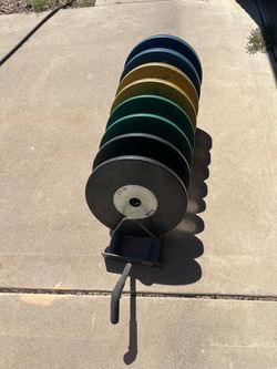 Olympic Bumper Plate Set (254 lbs Total) + Legend Fitness Rolling Rack