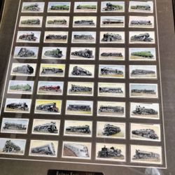 COLLECTIBLE WALL ART ANTIQUE WILLS CIGARETTE CARDS 1936 LOCOMOTIVES PROFESSIONALLY SET IN BRASS FRAME