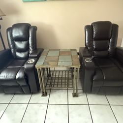 Two Leather Recliner Electric Chairs With End Table