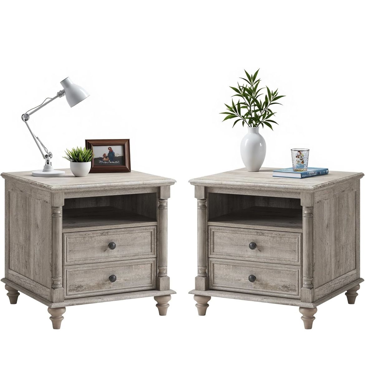 24'' Farmhouse End Table w/4 Solid Wood Feet Set of 2, Large 2 Drawers Sofa Side Table with Charging Station, Rustic Wood Square Nightstand for Living