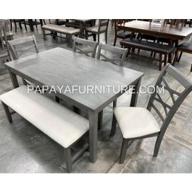 NEW 6 PIECE Dining Room Table and Chair Bench Set Gray Wood Finish Kitchen BIG Discount SALE Ashley Style Modern Contemporary Clearance Closeout DEAL