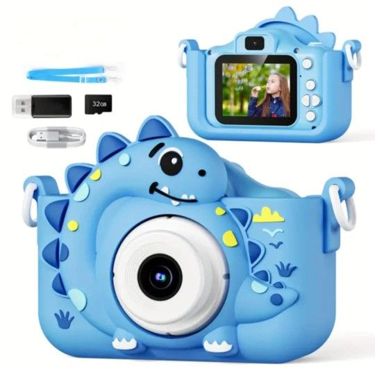 Kids 32GB SD Card 1080P HD Rechargeable Digital Video Front Rear Blue Dinosaur Camera