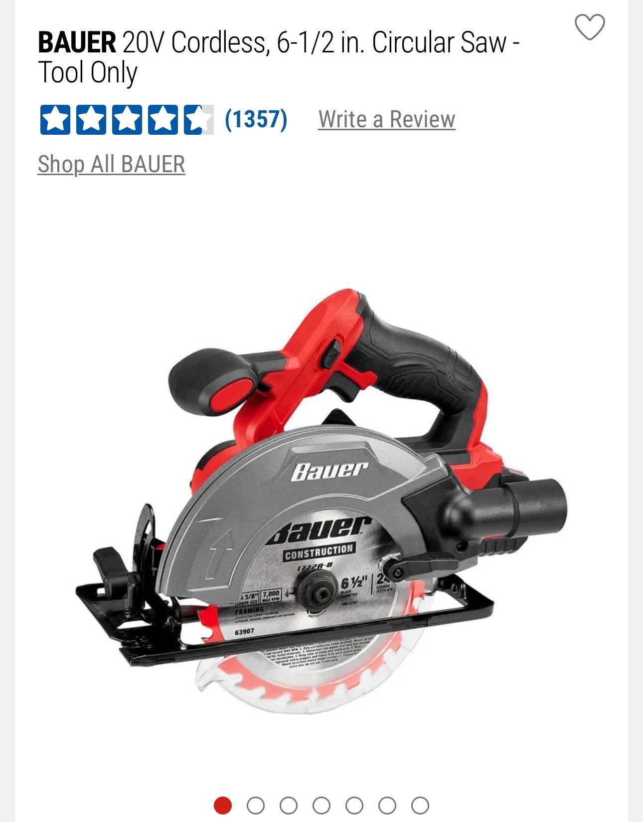 BAUER 20V Cordless, 6-1/2 in. Circular Saw - Tool Only