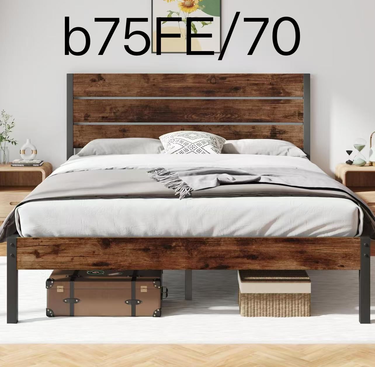 Queen Bed Frame with Headboard and Footboard, with Under Bed Storage, Rustic Brown