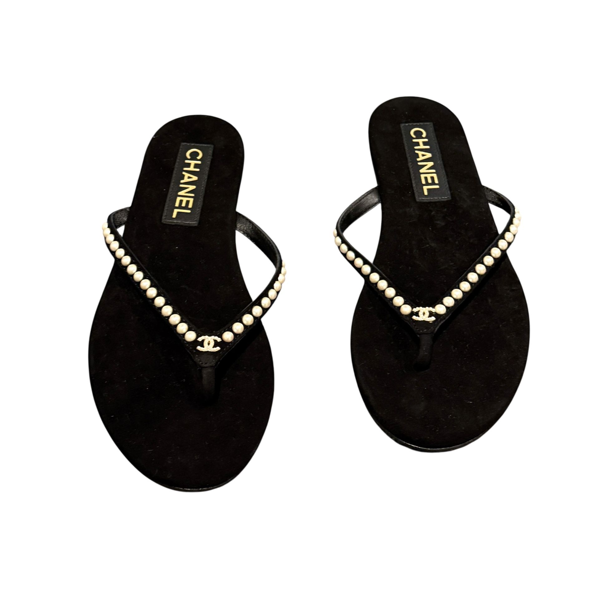 CHANEL Pearl Leather Flip Flops