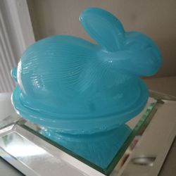 Blue Vintage Depression Milk Glass Rabbit Candy Dish 