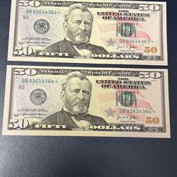 Two Sequential Star Notes $50 Dollars Bills - Series 2021 Lot#1