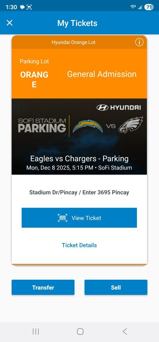 Eagles/Chargers - MNF, SOFI Parking π orange Lot