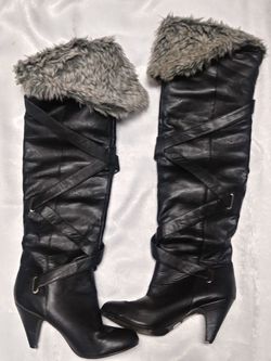 Black faux leather and fur thigh high boots Sz 10