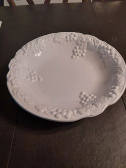 14 In.  Grape Leaf Round Century Milk Glass Bowl