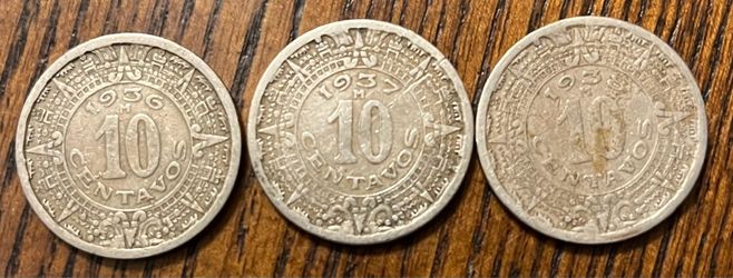 1936 Vintage 1937 Mexican Diez Centavos 1938  3 Coin Lot