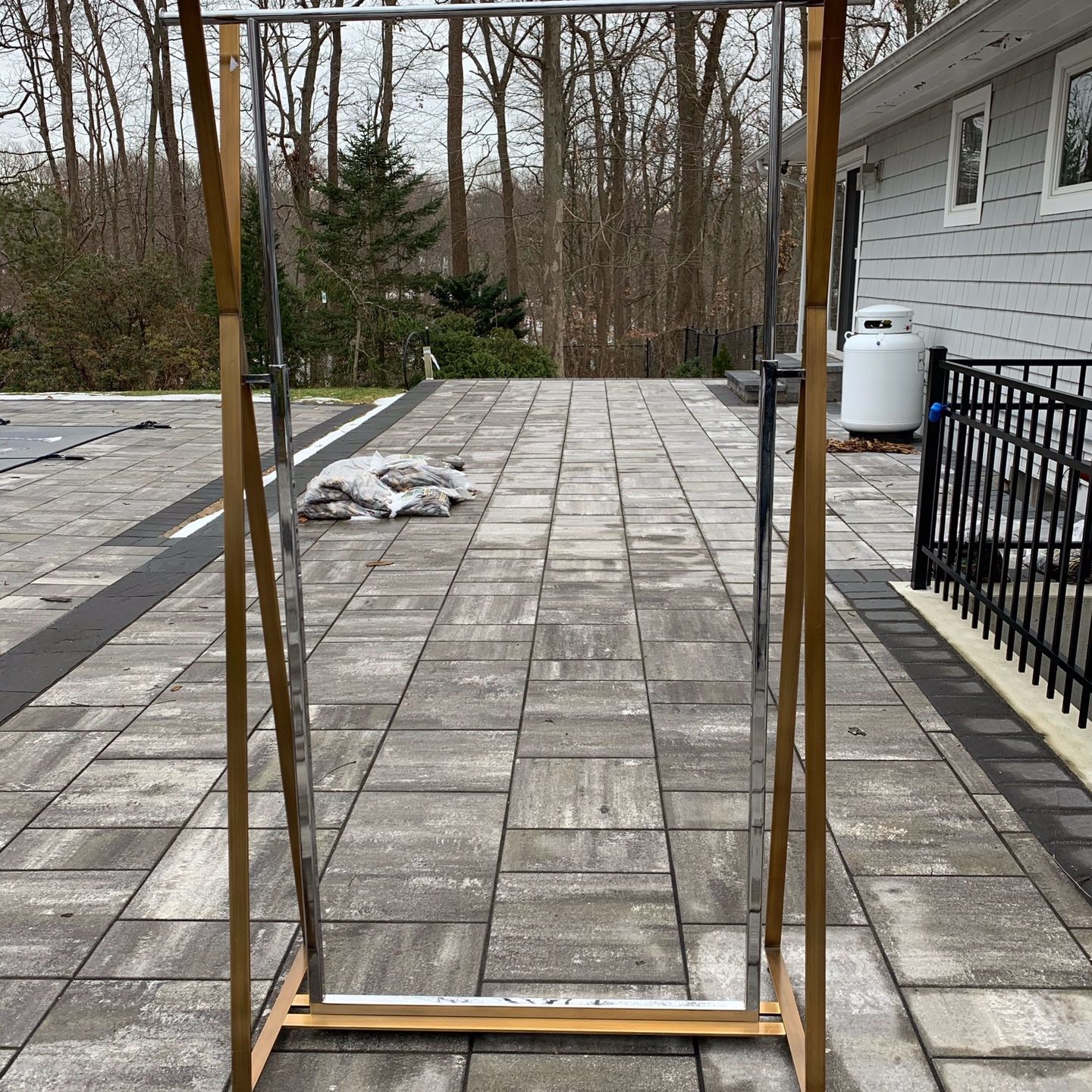3 LARGE BRASS AND STEEL ADJUSTABLE COMMERCIAL MODERN CLOTHING RACKS CAN BE SOLD SEPARATELY