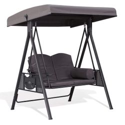 Outdoor Patio Porch Swing with Stand, Chair with Adjustable Tilt Canopy All-Weather Steel Frame for Backyard Front Porch Lawn(Brown)