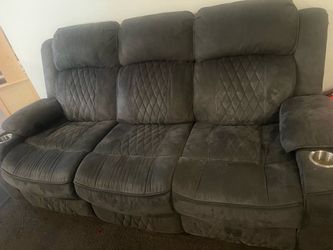 Sofa - Seda 80 Inch Power Reclining Sofa USB Port Charcoal Vegan Faux Leather - Saltoro Sherpi