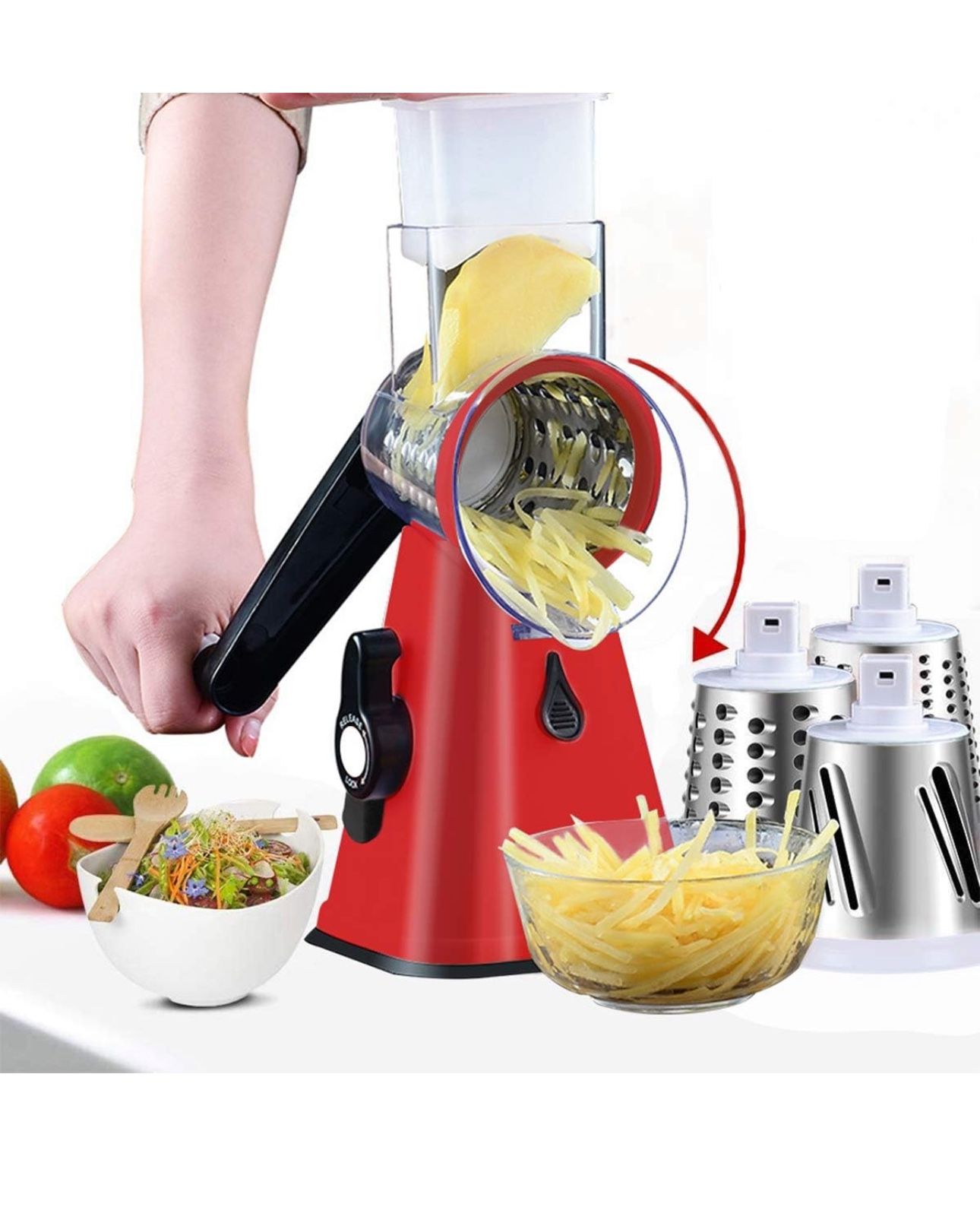Rotary Cheese Grater and Shredder,3 in 1 Manual Round Mandoline Slicer, potato slicer ,Easy to Clean, Rotary Grater Slicer for Fruit, Vegetables, Nuts