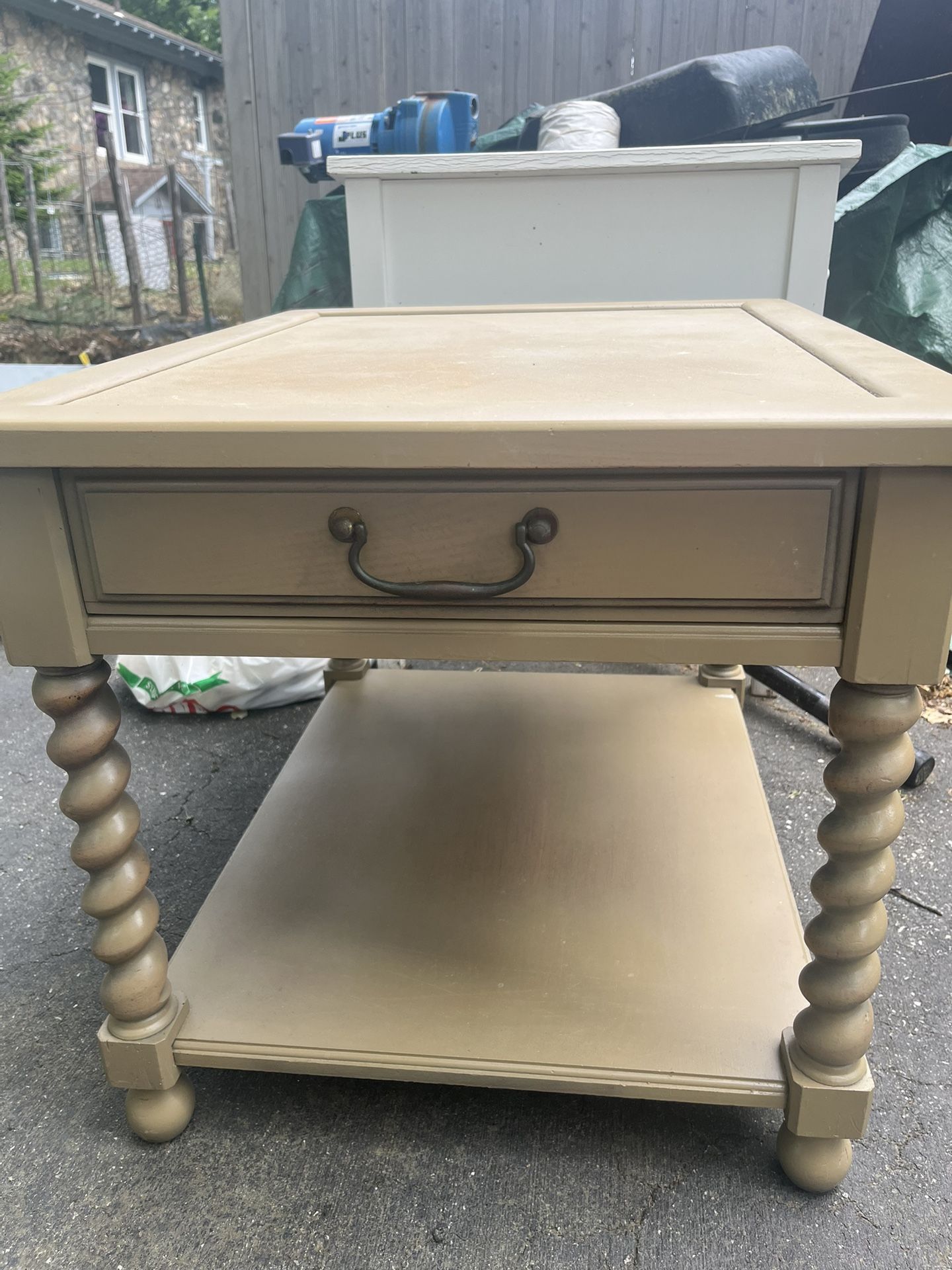 End Wooden Table 22” Wide X 27” Deep And 21” High Has A Drawer