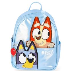 Bluey Peeking Mini  Backpack in light Blue, Featuring textured Embroidered Patches of Bluey and Bingo in Front . 10.5 "